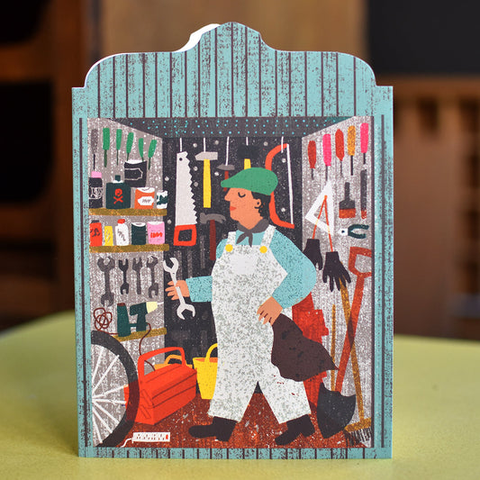 Man in Shed Die Cut Card