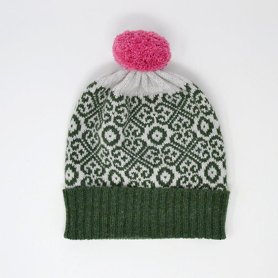 Moss Green and Pink Pom Pom Lambswool Hat