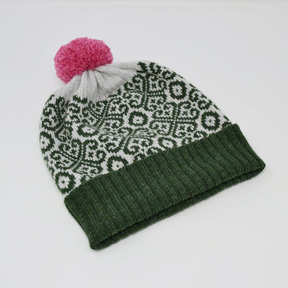 Moss Green and Pink Pom Pom Lambswool Hat