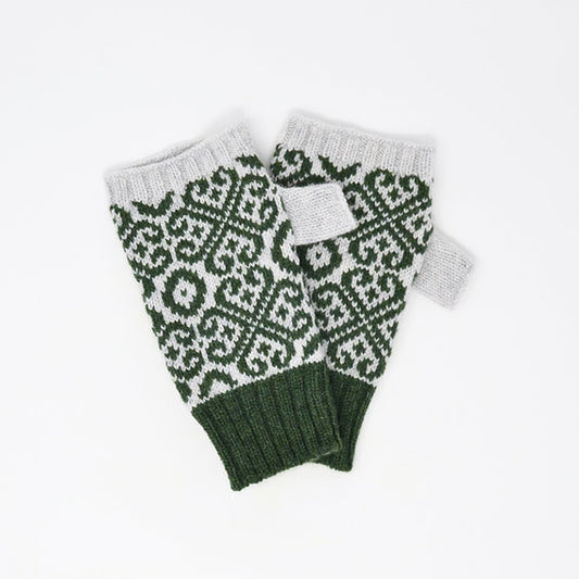 Fair Isle Style Fingerless gloves in Moss Green and Grey