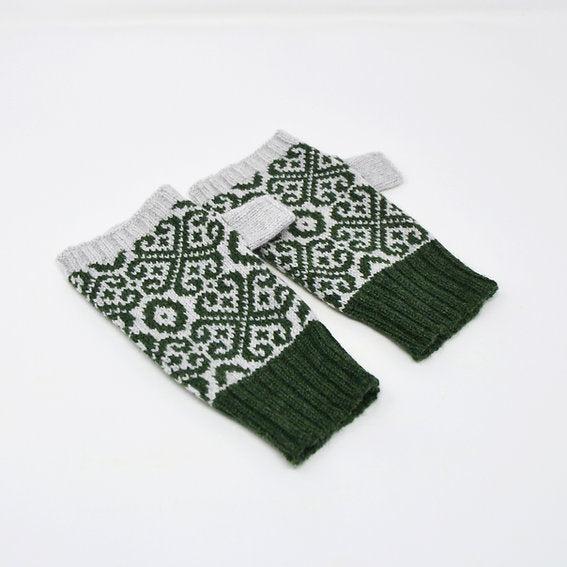 Fair Isle Style Fingerless gloves in Moss Green and Grey