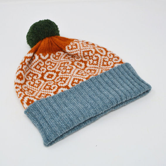 Rust and Lichen Lambswool Hat with Green Pom Pom