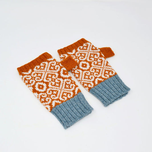 Fair Isle style Fingerless Gloves in Rust and Lichen