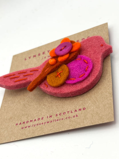 Soft Pink and Orange Bird Brooch by Lynsey Walters