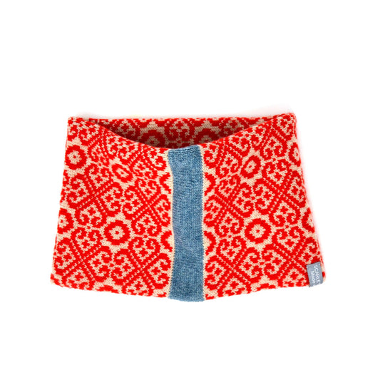 Poppy and Oatmeal with Lichen Blue Stripe Snood in " Baltic Heritage" pattern