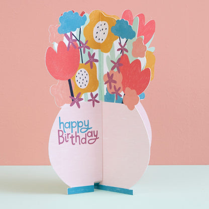 Happy Birthday Card - 3D Vase of Flowers