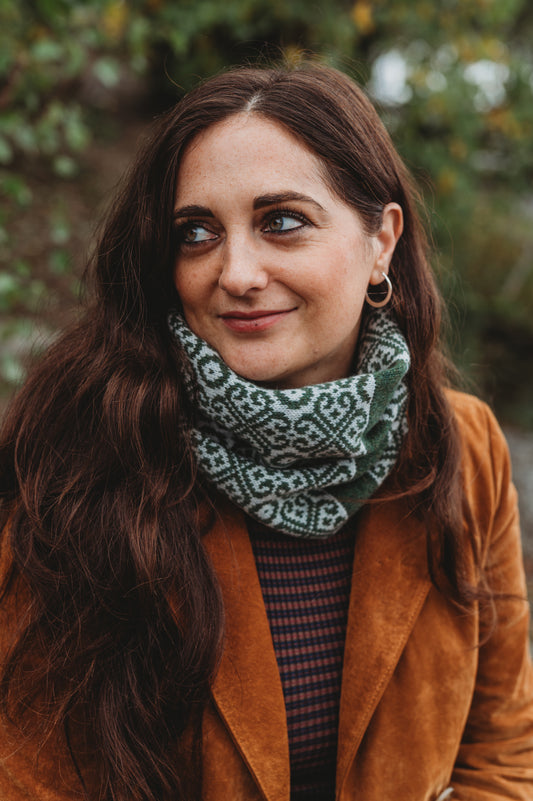 Moss Green and Grey Snood in " Baltic Heritage" pattern