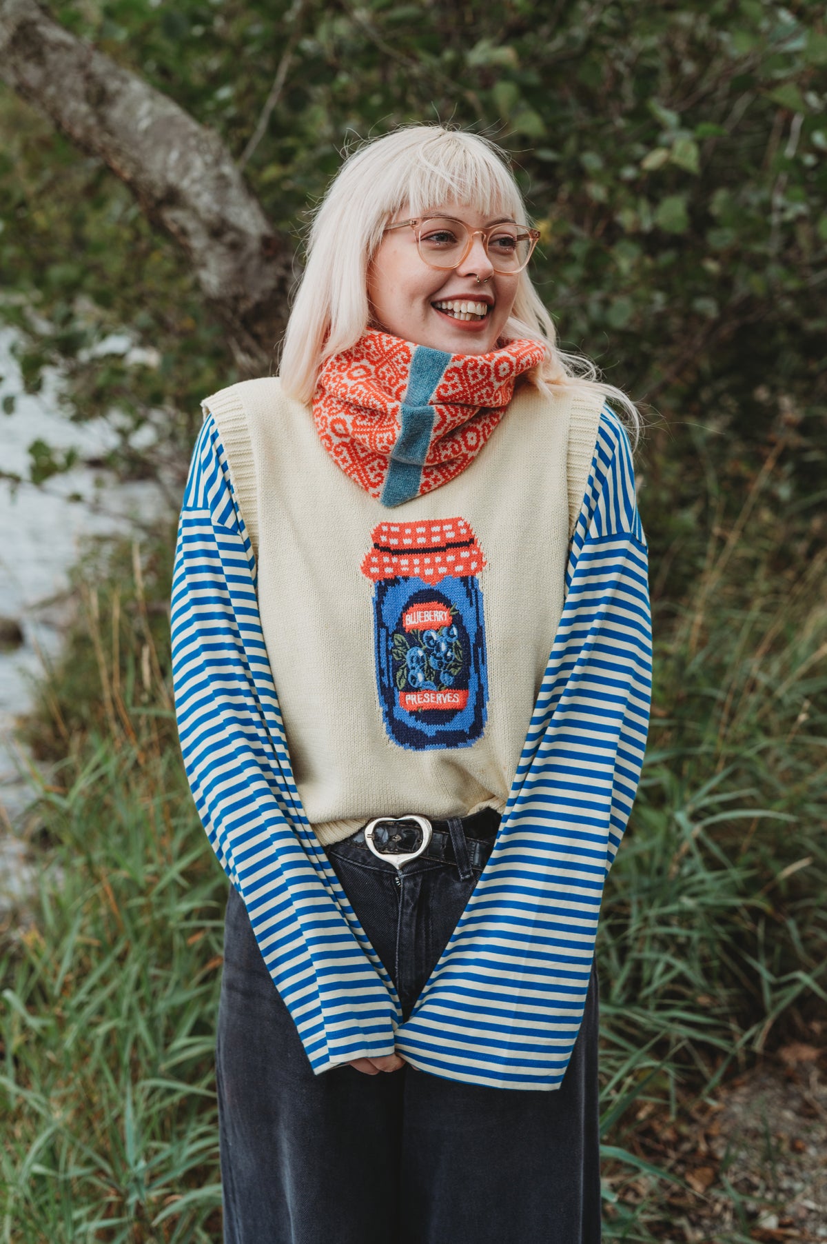 Poppy and Oatmeal with Lichen Blue Stripe Snood in " Baltic Heritage" pattern
