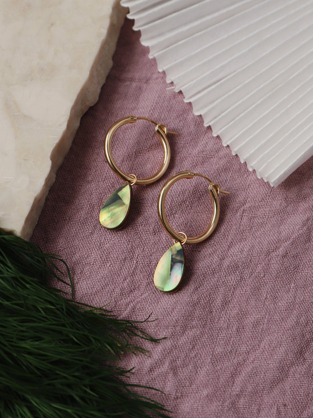 Raindrop Hoops in Olive Mother of Pearl - Gold