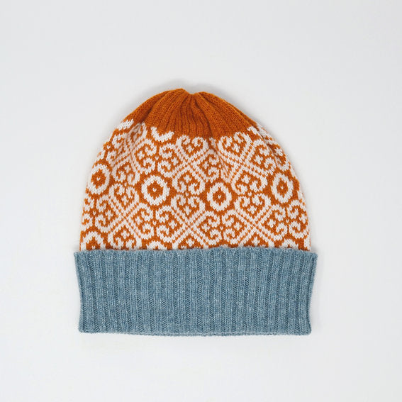 Rust and White Lambswool Hat with Lichen Rib