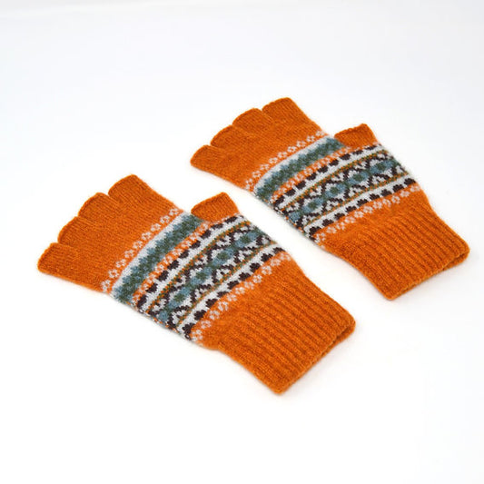 Rust Fair Isle style half finger gloves