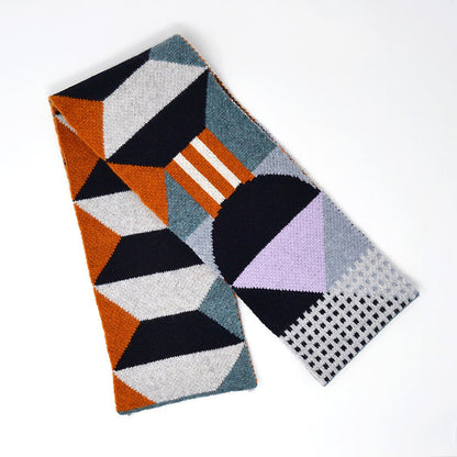 Geometric Patterned Lambswool Scarf in Rust and Lichen