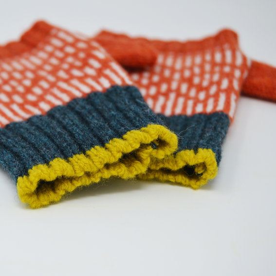 Rust Orange and Forest Green Fingerless Gloves