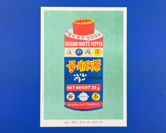 A risograph print of a can of ground white pepper