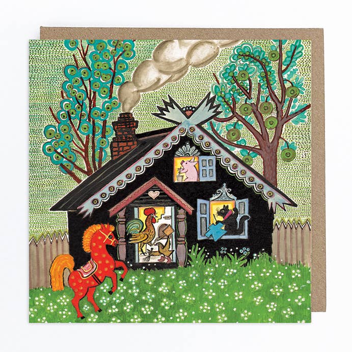 Farm animals in a cabin Greeting card